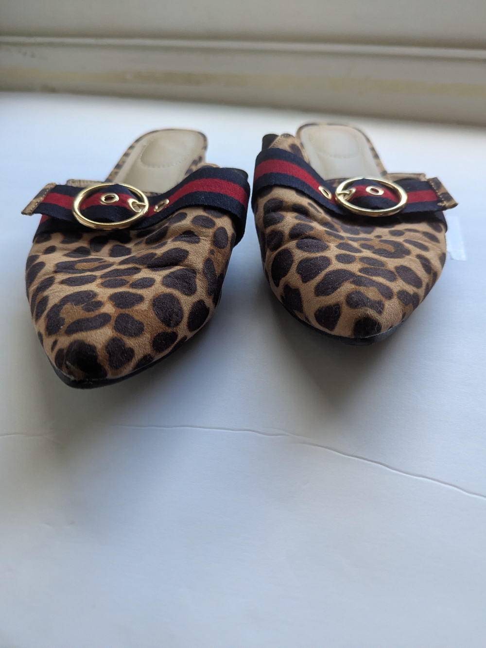 Leopard Print Pointed-Toe Slip-On Mules with Buckle Strap - Tan/Black/Red/Navy - Picture 2 of 5